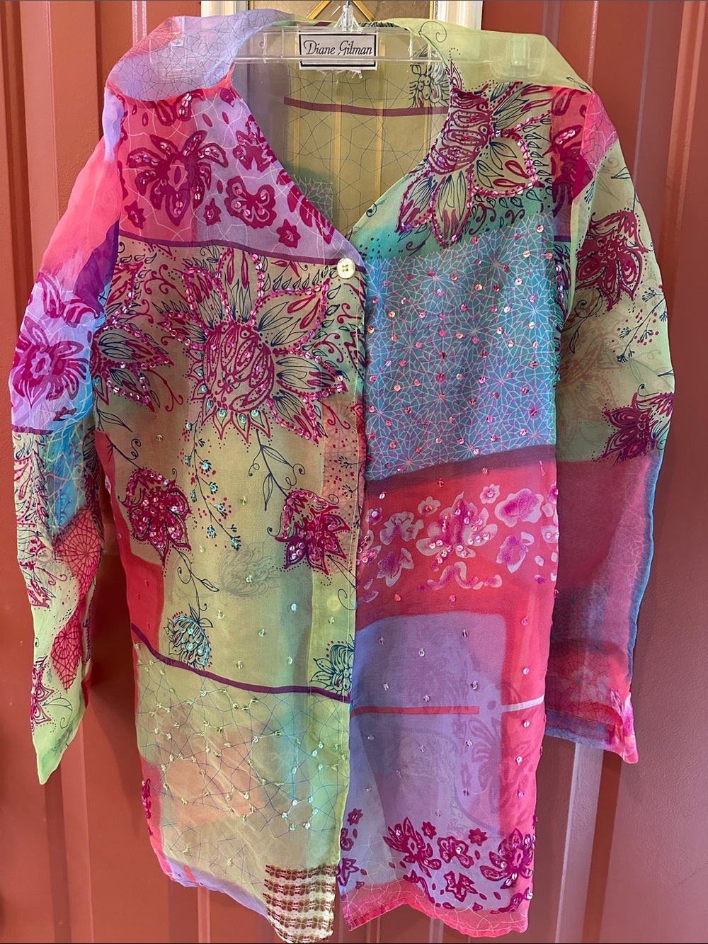 Diane Gilman Pink, Turquoise & Lime Patchwork Sheer Button Front Top